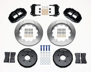 Wilwood front Superlite 6R kit for Nissan 350Z & Infiniti G35, black calipers and 14-inch gt slotted rotors laid out