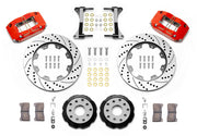 Wilwood front Dynapro DS kit for Subaru Impreza, WRX, WRX STI, Forester, Legacy & Outback, red calipers and 12-inch srp drilled and slotted rotors laid out