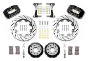 Wilwood front Dynapro DS kit for Subaru Impreza, WRX, WRX STI, Forester, Legacy & Outback, black calipers and 12-inch srp drilled and slotted rotors laid out