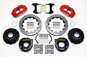 Wilwood rear Superlite 4R kit for Chevy 12-Bolt Factory C-Clip Axles, 2.81-Inch Offset, red calipers and 12.88-inch srp drilled and slotted rotors laid out, with internal parking-brake assemblies