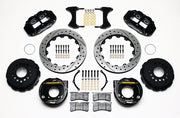 Wilwood rear Superlite 4R kit for Chevy 12-Bolt Factory C-Clip Axles, 2.81-Inch Offset, black calipers and 12.88-inch srp drilled and slotted rotors laid out, with internal parking-brake assemblies