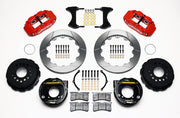 Wilwood rear Superlite 4R kit for Chevy 12-Bolt Factory C-Clip Axles, 2.81-Inch Offset, red calipers and 12.88-inch gt slotted rotors laid out, with internal parking-brake assemblies