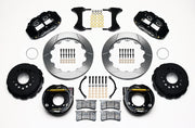 Wilwood rear Superlite 4R kit for Chevy 12-Bolt Factory C-Clip Axles, 2.81-Inch Offset, black calipers and 12.88-inch gt slotted rotors laid out, with internal parking-brake assemblies