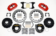Wilwood rear Superlite 4R kit for Special Chevy 12-Bolt 3.15-Inch-Bearing Axles, 2.81-Inch Offset, red calipers and 12.88-inch srp drilled and slotted rotors laid out, with internal parking-brake assemblies
