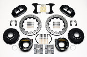 Wilwood rear Superlite 4R kit for Special Chevy 12-Bolt 3.15-Inch-Bearing Axles, 2.81-Inch Offset, black calipers and 12.88-inch srp drilled and slotted rotors laid out, with internal parking-brake assemblies
