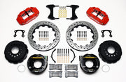 Wilwood rear Superlite 4R kit for Small Ford Axle Ends, 2.66-Inch Offset, red calipers and 12.88-inch srp drilled and slotted rotors laid out, with internal parking-brake assemblies