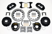 Wilwood rear Superlite 4R kit for Small Ford Axle Ends, 2.66-Inch Offset, black calipers and 12.88-inch srp drilled and slotted rotors laid out, with internal parking-brake assemblies