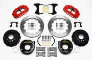 Wilwood rear Superlite 4R kit for Small Ford Axle Ends, 2.66-Inch Offset, red calipers and 12.88-inch gt slotted rotors laid out, with internal parking-brake assemblies