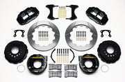 Wilwood rear Superlite 4R kit for Small Ford Axle Ends, 2.66-Inch Offset, black calipers and 12.88-inch gt slotted rotors laid out, with internal parking-brake assemblies