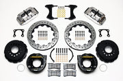 Wilwood rear Superlite 4R kit for Big Ford Old-Style Axle Ends, 2.36-Inch Offset, polish calipers and 12.88-inch srp drilled and slotted rotors laid out, with internal parking-brake assemblies