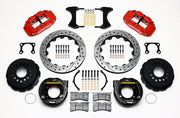 Wilwood rear Superlite 4R kit for Big Ford Old-Style Axle Ends, 2.36-Inch Offset, red calipers and 12.88-inch srp drilled and slotted rotors laid out, with internal parking-brake assemblies
