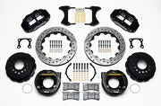 Wilwood rear Superlite 4R kit for Big Ford Old-Style Axle Ends, 2.36-Inch Offset, black calipers and 12.88-inch srp drilled and slotted rotors laid out, with internal parking-brake assemblies
