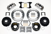 Wilwood rear Superlite 4R kit for Big Ford Old-Style Axle Ends, 2.36-Inch Offset, polish calipers and 12.88-inch gt slotted rotors laid out, with internal parking-brake assemblies