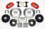 Wilwood rear Superlite 4R kit for Big Ford Old-Style Axle Ends, 2.36-Inch Offset, red calipers and 12.88-inch gt slotted rotors laid out, with internal parking-brake assemblies