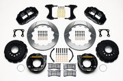 Wilwood rear Superlite 4R kit for Big Ford Old-Style Axle Ends, 2.36-Inch Offset, black calipers and 12.88-inch gt slotted rotors laid out, with internal parking-brake assemblies
