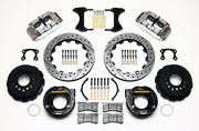 Wilwood rear Superlite 4R kit for Big Ford New-Style Axle Ends, 2.36-Inch Offset, polish calipers and 12.88-inch srp drilled and slotted rotors laid out, with internal parking-brake assemblies