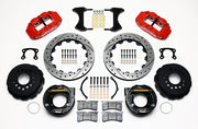 Wilwood rear Superlite 4R kit for Big Ford New-Style Axle Ends, 2.36-Inch Offset, red calipers and 12.88-inch srp drilled and slotted rotors laid out, with internal parking-brake assemblies