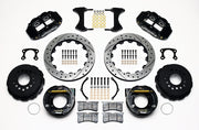 Wilwood rear Superlite 4R kit for Big Ford New-Style Axle Ends, 2.36-Inch Offset, black calipers and 12.88-inch srp drilled and slotted rotors laid out, with internal parking-brake assemblies