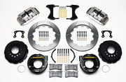 Wilwood rear Superlite 4R kit for Big Ford New-Style Axle Ends, 2.36-Inch Offset, polish calipers and 12.88-inch gt slotted rotors laid out, with internal parking-brake assemblies