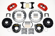 Wilwood rear Superlite 4R kit for Big Ford New-Style Axle Ends, 2.36-Inch Offset, red calipers and 12.88-inch gt slotted rotors laid out, with internal parking-brake assemblies