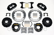Wilwood rear Superlite 4R kit for Big Ford New-Style Axle Ends, 2.36-Inch Offset, black calipers and 12.88-inch gt slotted rotors laid out, with internal parking-brake assemblies