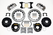 Wilwood rear Superlite 4R kit for Big Ford New-Style Axle Ends, 2.50-Inch Offset, polish calipers and 12.88-inch srp drilled and slotted rotors laid out, with internal parking-brake assemblies