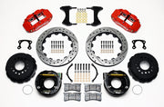 Wilwood rear Superlite 4R kit for Big Ford New-Style Axle Ends, 2.50-Inch Offset, red calipers and 12.88-inch srp drilled and slotted rotors laid out, with internal parking-brake assemblies