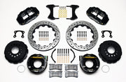 Wilwood rear Superlite 4R kit for Big Ford New-Style Axle Ends, 2.50-Inch Offset, black calipers and 12.88-inch srp drilled and slotted rotors laid out, with internal parking-brake assemblies