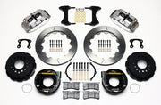 Wilwood rear Superlite 4R kit for Big Ford New-Style Axle Ends, 2.50-Inch Offset, polish calipers and 12.88-inch gt slotted rotors laid out, with internal parking-brake assemblies