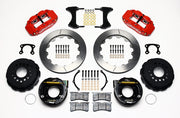 Wilwood rear Superlite 4R kit for Big Ford New-Style Axle Ends, 2.50-Inch Offset, red calipers and 12.88-inch gt slotted rotors laid out, with internal parking-brake assemblies