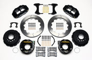 Wilwood rear Superlite 4R kit for Big Ford New-Style Axle Ends, 2.50-Inch Offset, black calipers and 12.88-inch gt slotted rotors laid out, with internal parking-brake assemblies