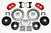 Wilwood rear Superlite 4R kit for Small Ford Axle Ends, 2.50-Inch Offset, red calipers and 12.88-inch srp drilled and slotted rotors laid out, with internal parking-brake assemblies