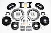 Wilwood rear Superlite 4R kit for Small Ford Axle Ends, 2.50-Inch Offset, black calipers and 12.88-inch srp drilled and slotted rotors laid out, with internal parking-brake assemblies
