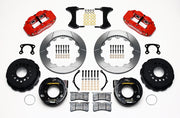 Wilwood rear Superlite 4R kit for Small Ford Axle Ends, 2.50-Inch Offset, red calipers and 12.88-inch gt slotted rotors laid out, with internal parking-brake assemblies