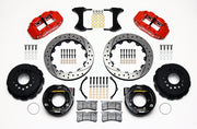 Wilwood rear Superlite 4R kit for Ford Mustang, red calipers and 12.88-inch srp drilled and slotted rotors laid out, with internal parking-brake assemblies