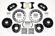 Wilwood rear Superlite 4R kit for Ford Mustang, black calipers and 12.88-inch srp drilled and slotted rotors laid out, with internal parking-brake assemblies