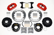 Wilwood rear Superlite 4R kit for Ford Mustang, red calipers and 12.88-inch gt slotted rotors laid out, with internal parking-brake assemblies