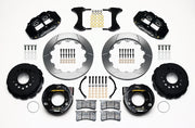 Wilwood rear Superlite 4R kit for Ford Mustang, black calipers and 12.88-inch gt slotted rotors laid out, with internal parking-brake assemblies