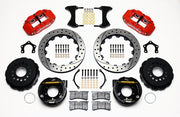 Wilwood red FNSL4R rear brake kit with 12.88-inch drilled and slotted rotors, calipers and mounting components laid out