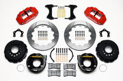 Wilwood red FNSL4R rear brake kit with 12.88-inch slotted rotors, calipers and mounting components laid out