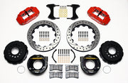 Wilwood red FNSL4R rear brake kit with 12.88-inch drilled and slotted rotors, calipers and mounting components laid out