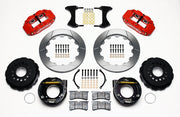 Wilwood red FNSL4R rear brake kit with 12.88-inch slotted rotors, calipers and mounting components laid out