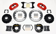 Wilwood red FNSL4R rear brake kit with 12.88-inch slotted rotors, calipers and mounting components laid out