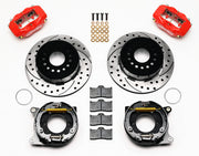 Wilwood red FDLI rear brake kit with 12.19-inch drilled and slotted rotors, calipers and mounting components laid out