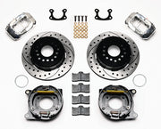 Wilwood polished FDLI rear brake kit with 12.19-inch drilled and slotted rotors, calipers and mounting components laid out