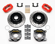 Wilwood red FDLI rear brake kit with 12.19-inch drilled and slotted rotors, calipers and mounting components laid out