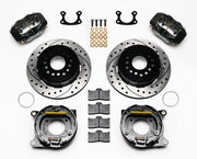 Wilwood black FDLI rear brake kit with 12.19-inch drilled and slotted rotors, calipers and mounting components laid out
