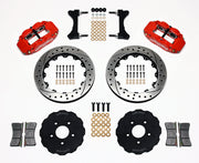 Wilwood red FNSL6R front brake kit with 13.06-inch drilled and slotted rotors, calipers and mounting components laid out