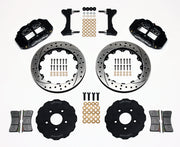 Wilwood black FNSL6R front brake kit with 13.06-inch drilled and slotted rotors, calipers and mounting components laid out