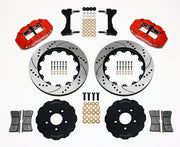 Wilwood red FNSL6R front brake kit with 14.00-inch drilled and slotted rotors, calipers and mounting components laid out